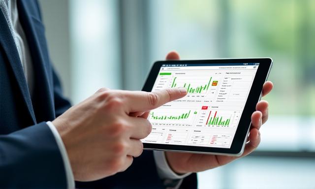 Executive holding a tablet showing a high-level KPI dashboard with clear red and green indicators