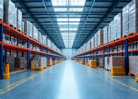 Modern logistics hub with digital overlay showing inventory levels